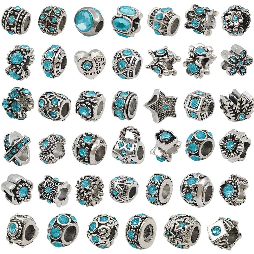 6445 20pcs Alloy Ancient Silver Lake Blue Dot Diamond Large Hole Bead